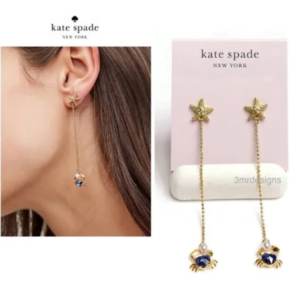 Authentic New on card kate spade Gold Star Drop Earrings with Blue Crab